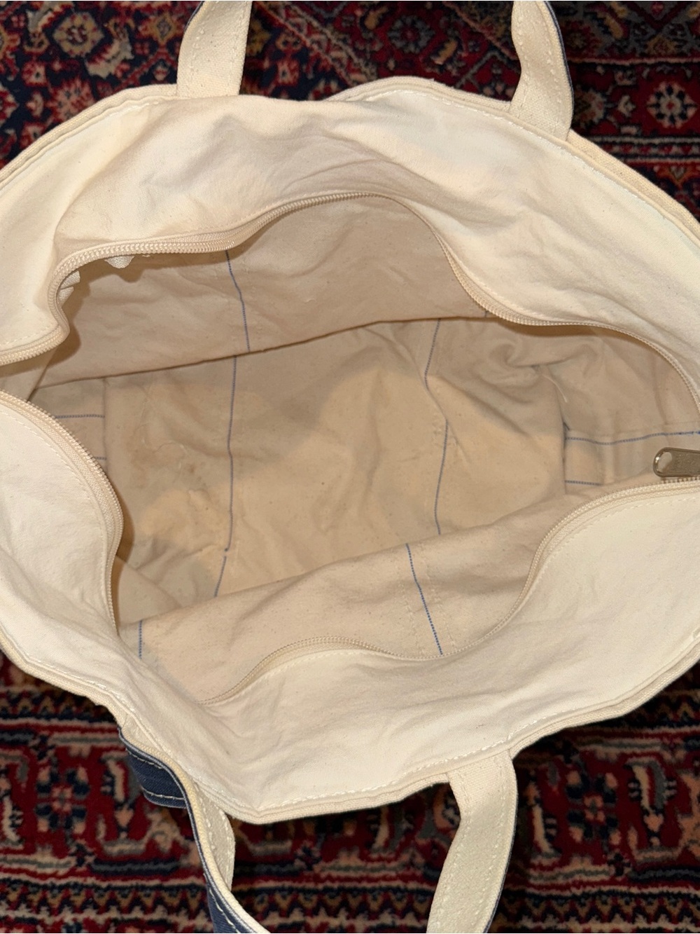 Vintage LL Bean Blue/White Canvas Boat And Tote Bag Medium Zipper Top 18” - Picture 6 of 7